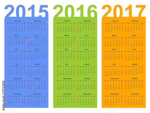 Simple Calendar year 2015, 2016, 2017, vector