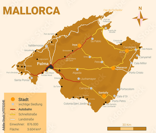 Landkarte: Mallorca | Vector mit Legende Orange - II / IV