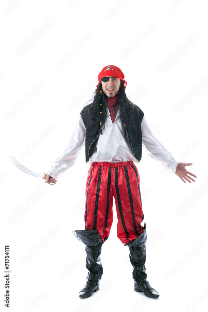 Naklejka premium Wesoły mężczyzna w stroju pirata, na białym tle