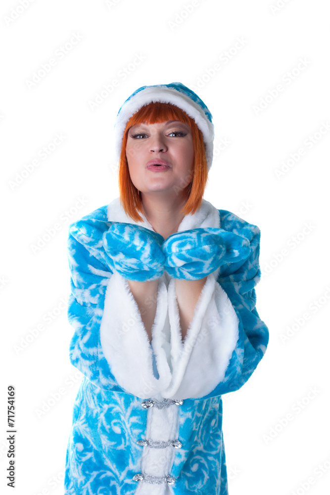 Charming Snow Maiden blowing kiss at camera - obrazy, fototapety, plakaty 