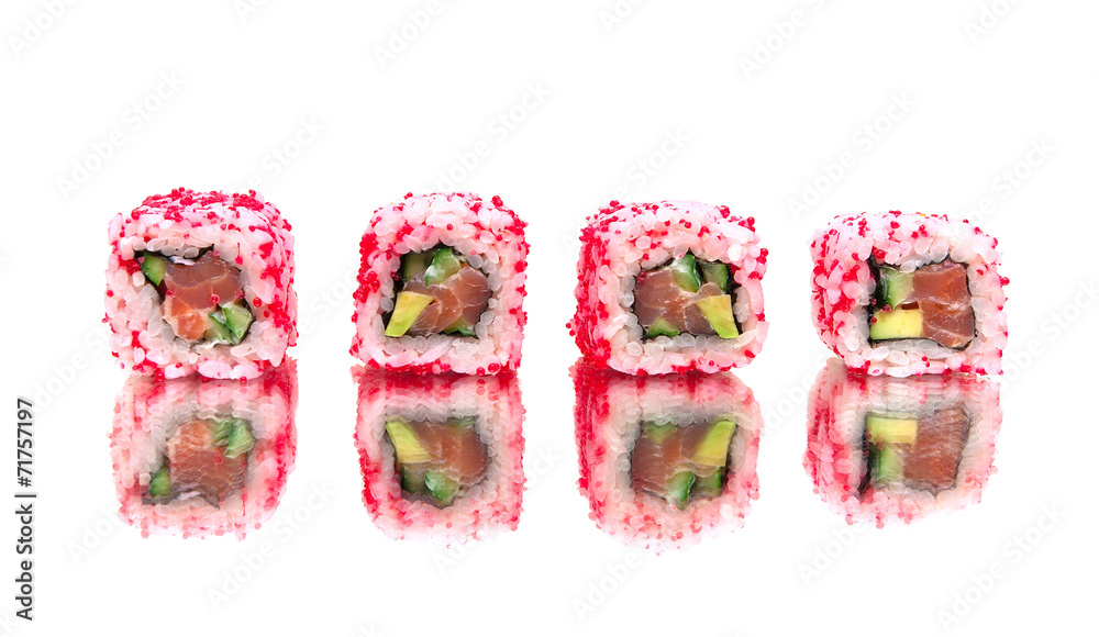 Japanese rolls with a mirror reflection. white background. Japanese rolls with a mirror reflection. white background.