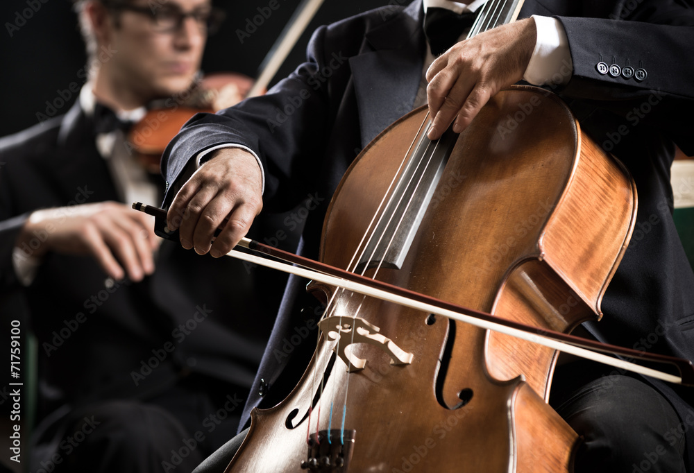 Symphony orchestra performance: celloist close-up Symphony orchestra performance: celloist close-up
