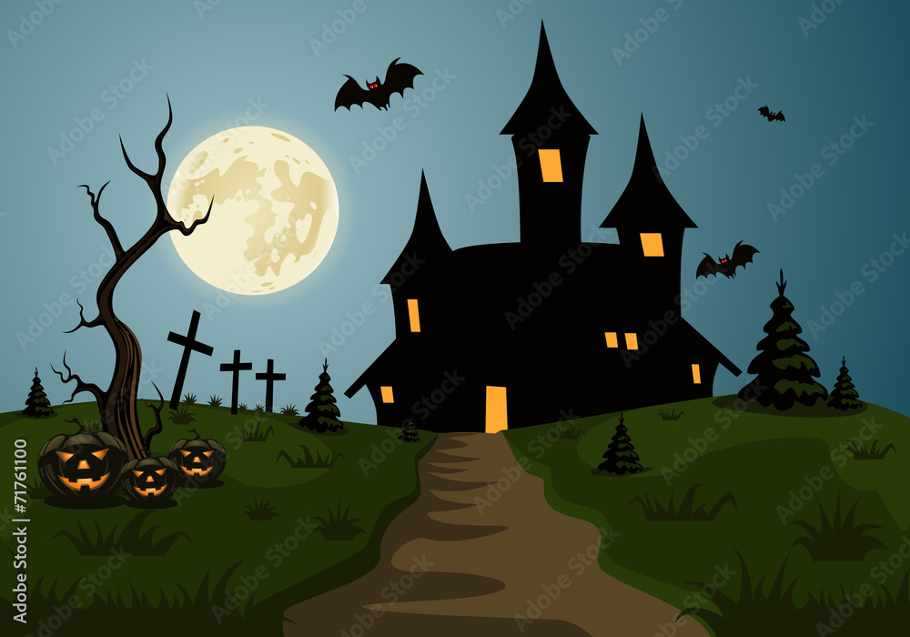 Scary Halloween background scene with castle and full moon