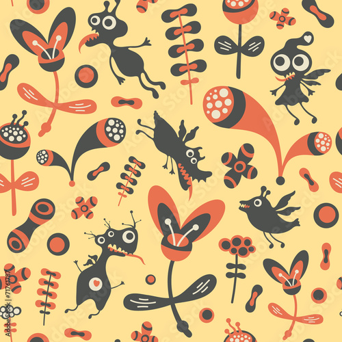 Colorful seamless pattern with happy monsters and flowers.