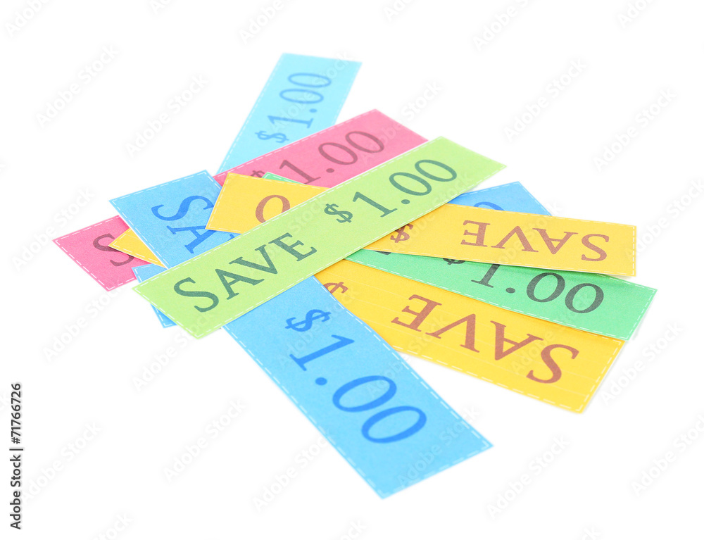 Obraz premium Set of cut coupons for shopping to save money, isolated on