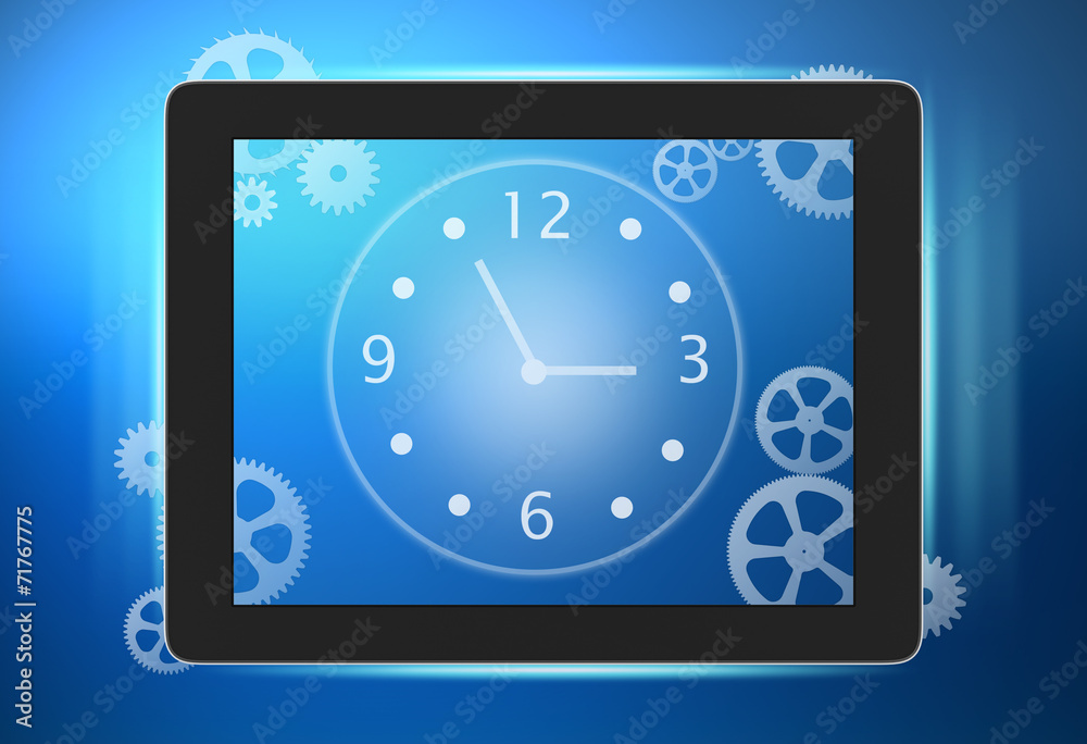 tablet with a clock and gears on the screen. tablet with a clock and gears on the screen.
