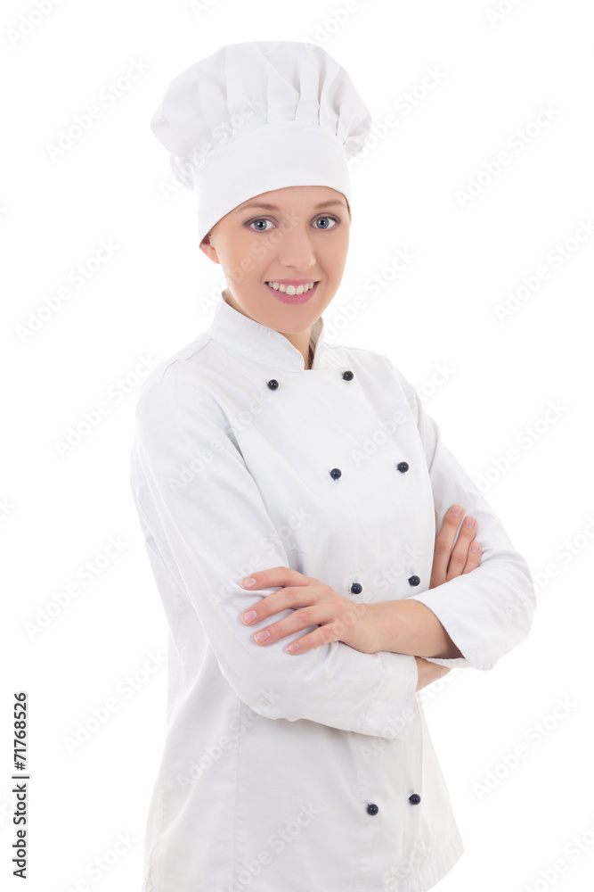 portrait of young woman chef isolated on white portrait of young woman chef isolated on white