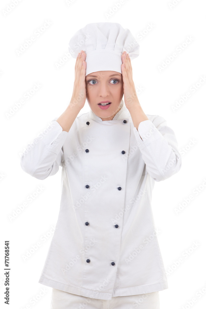 stressed woman in chef uniform isolated on white stressed woman in chef uniform isolated on white