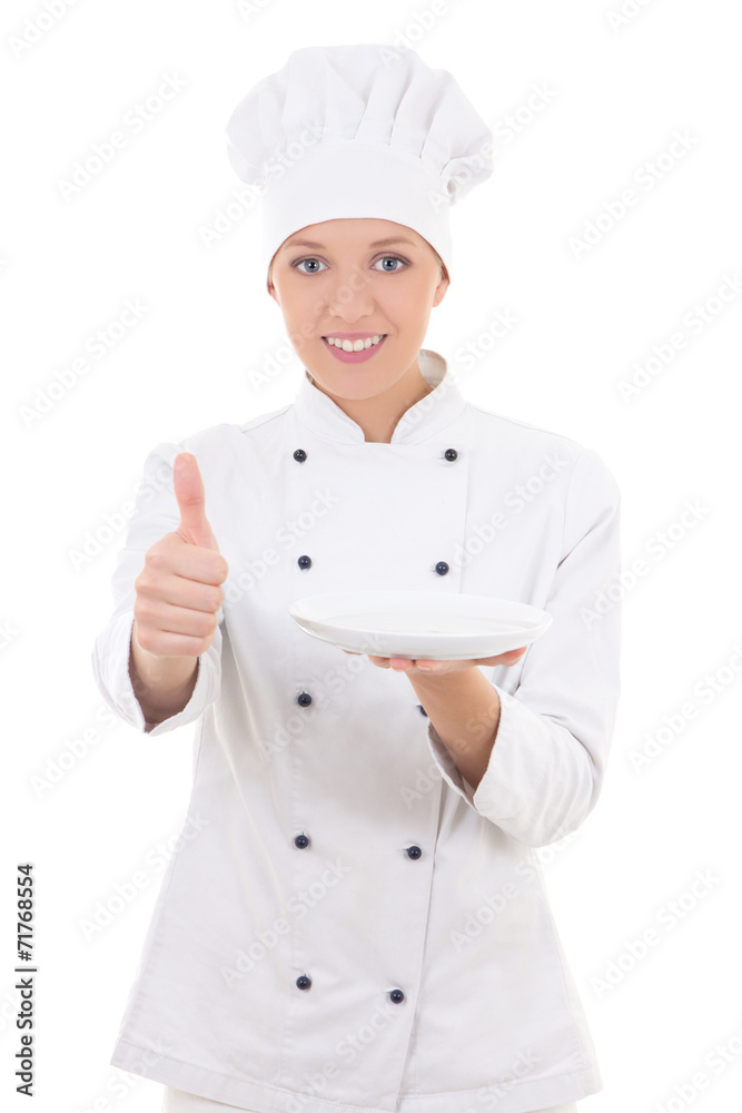 young woman chef in uniform holding empty plate and thumbs up is young woman chef in uniform holding empty plate and thumbs up is
