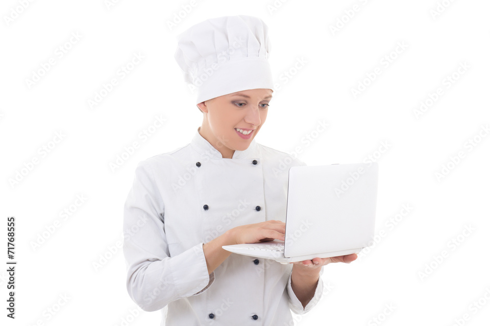 young woman chef in uniform with laptop isolated on white young woman chef in uniform with laptop isolated on white