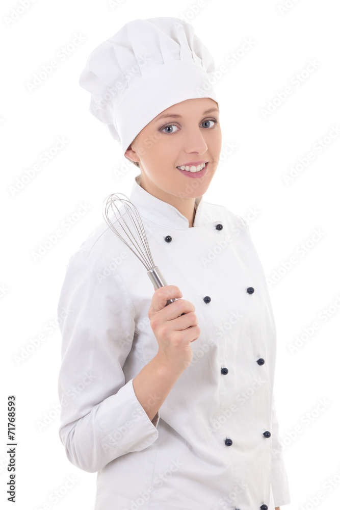 young happy woman in chef uniform holding whisk isolated on whit young happy woman in chef uniform holding whisk isolated on whit
