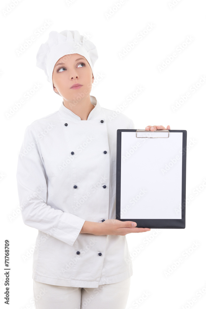 dreaming woman in chef uniform holding clipboard with copy space dreaming woman in chef uniform holding clipboard with copy space