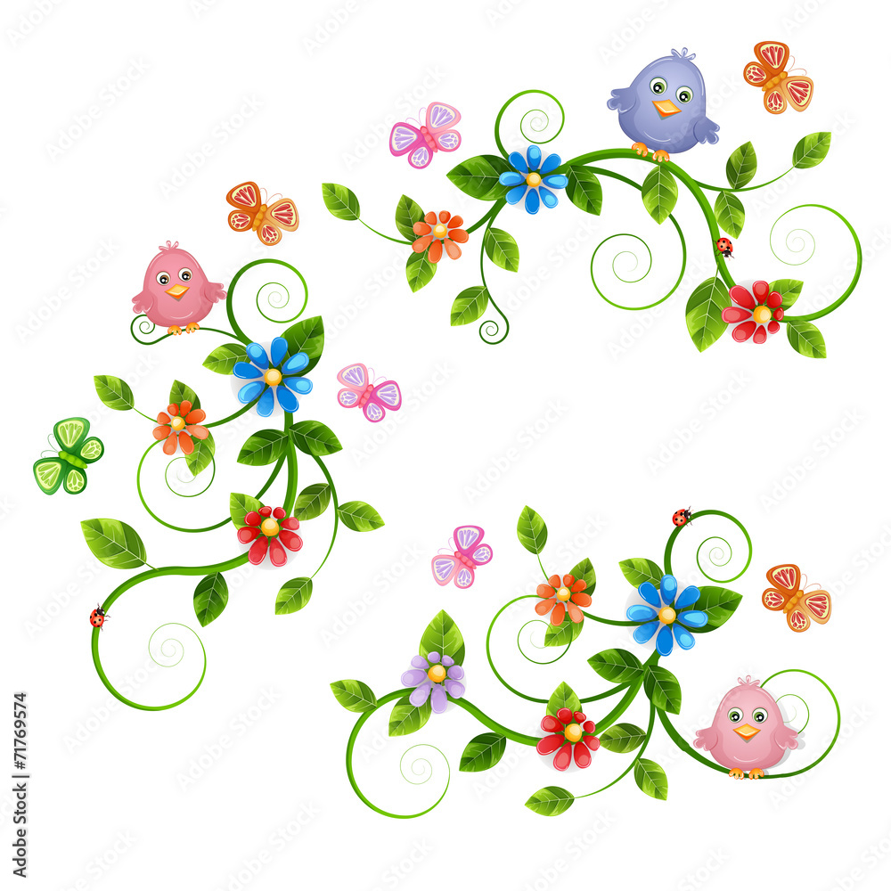 Floral bouquets with birds and butterflies.