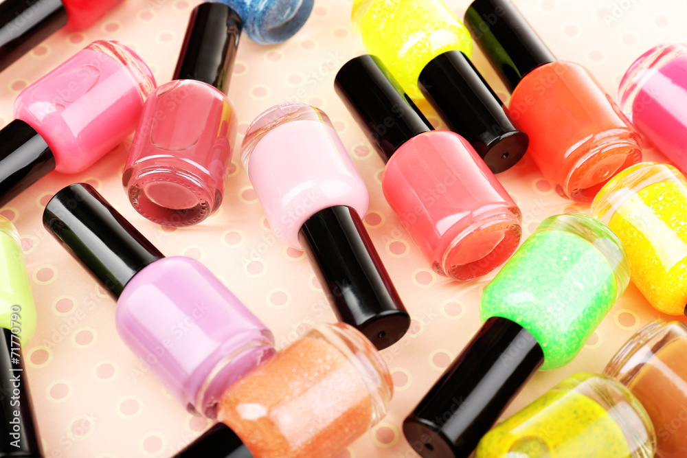 Colorful nail polishes, close-up Colorful nail polishes, close-up