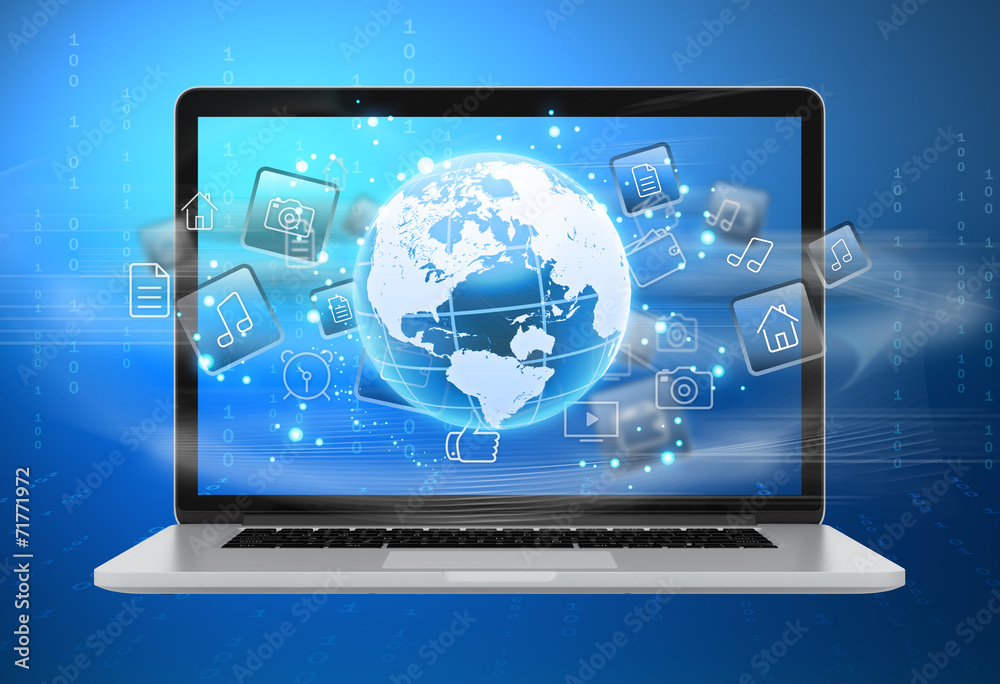 set of icons and globe on a laptop screen. set of icons and globe on a laptop screen.