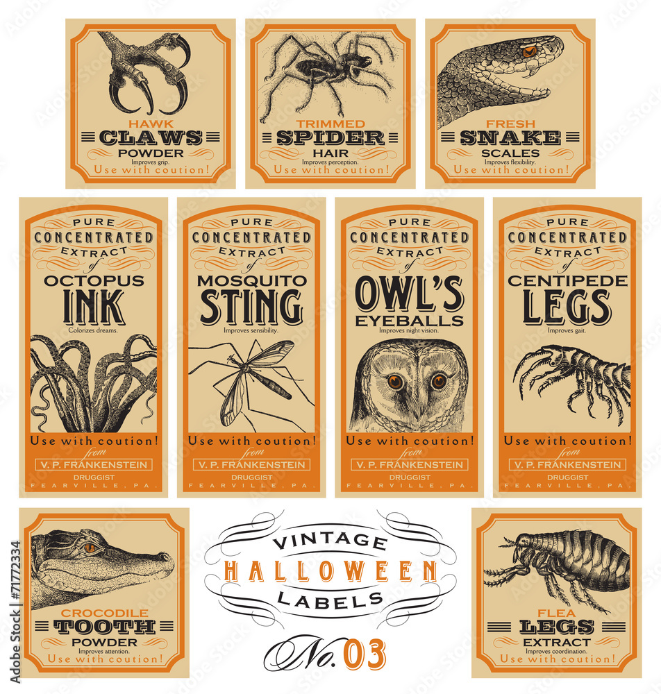 Fototapeta premium Zabawny vintage Halloween aptekarz etykiety - zestaw 03 (wektor)