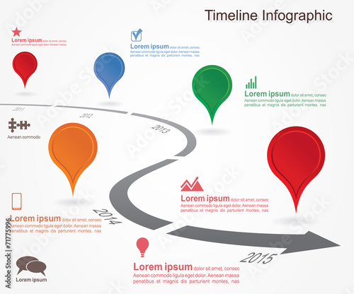 Timeline infographics with elements, icons. Vector