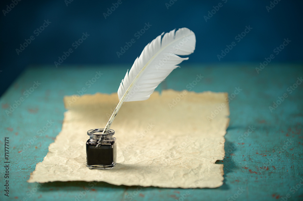 Writing Inkwell, Feather and Paper - obrazy, fototapety, plakaty 
