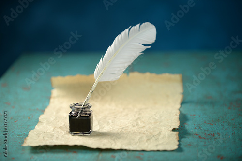 Writing Inkwell, Feather and Paper photo
