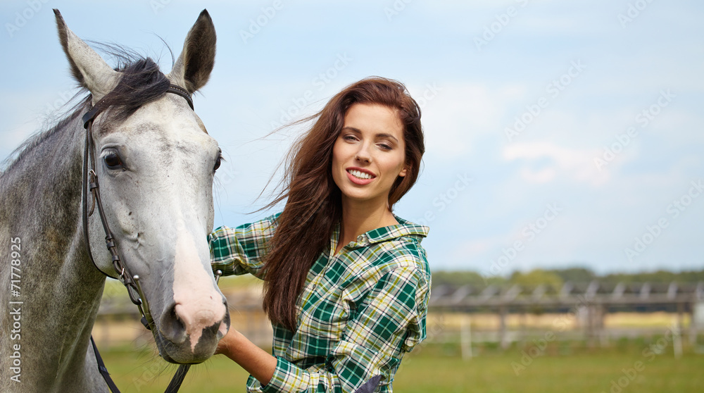portrait beautiful woman long hair next horse portrait beautiful woman long hair next horse