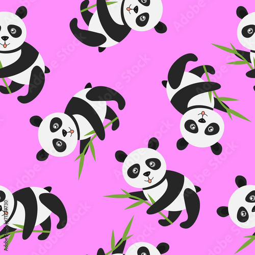 Cute panda with bamboo over pink - seamless pattern