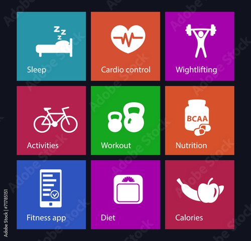 fitness icons set on squares vector illustration, eps10