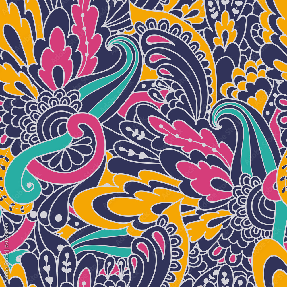 Hand-drawn doodle waves floral pattern, abstract colorful leaves