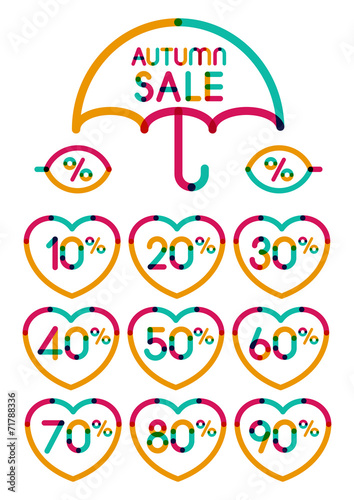 Set of colorful autumn sale discount labels, from 10 to 90 perce