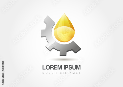 Yellow oil industry drop symbol with gears cogs. Vector Illustra