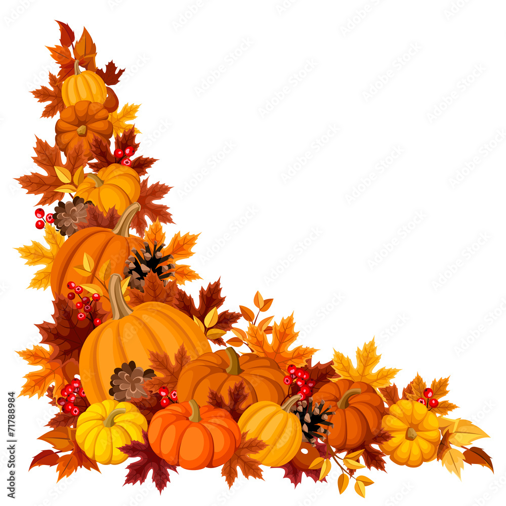 Fototapeta premium Corner background with pumpkins and autumn leaves. Vector.