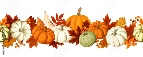 Horizontal seamless background with pumpkins and autumn leaves. photo