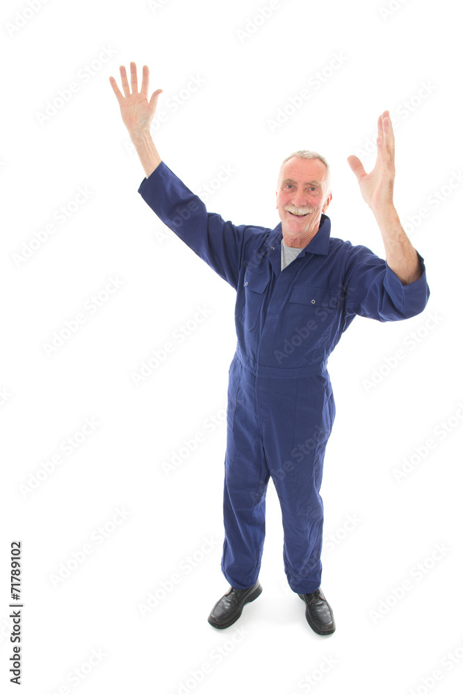 man in blue overall cheering man in blue overall cheering
