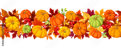 Horizontal seamless background with pumpkins and autumn leaves.
