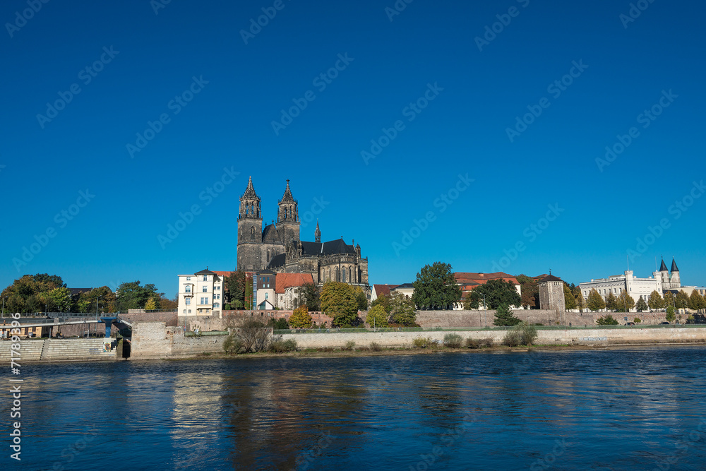 Magnificent Cathedral of Magdeburg at river Elbe, Germany