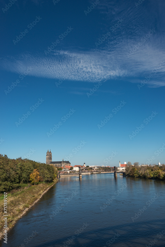 Magnificent Cathedral of Magdeburg at river Elbe, Germany