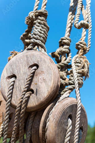 Quadro su tela Rigging of sailing ship, tackle gear of old vessel on sky background