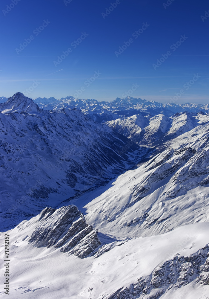 Valley in Jungfrau region helicopter view in winter