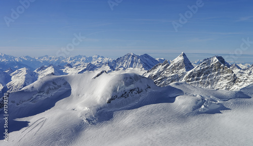Panoramic view to the peaks in the Jungfrau region Switzerland