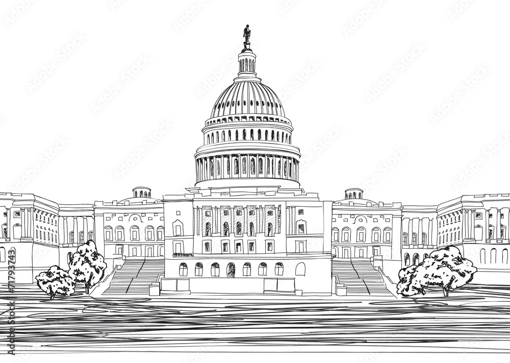 Washington DC. United States Capitol hill, USA. Sketch cityscape