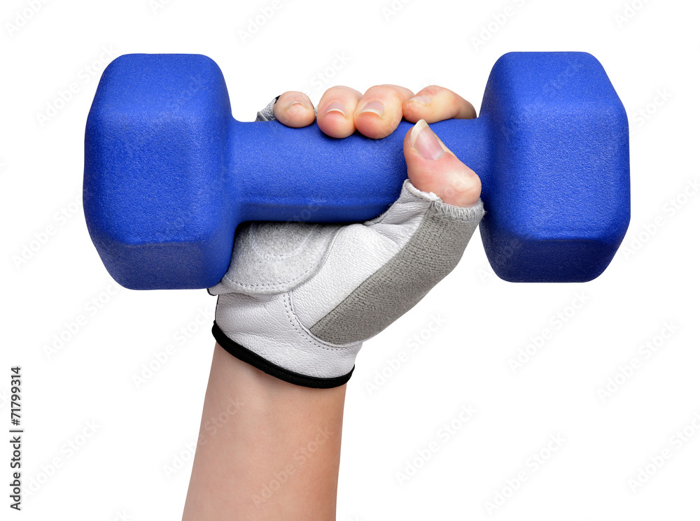 Hand holding blue fitness dumbbell  on white background