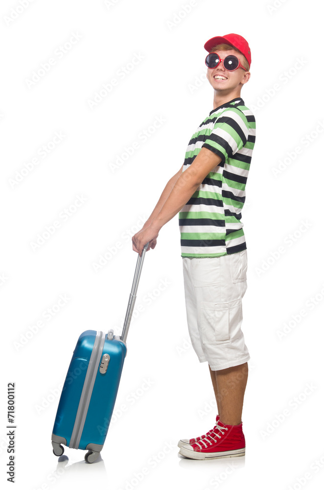 Funny man with suitcase isolated on white Funny man with suitcase isolated on white