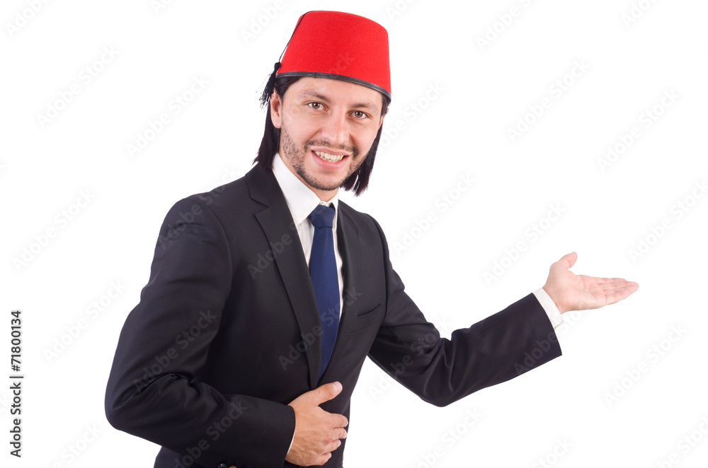 Businessman wearing fez hat isolated on white Businessman wearing fez hat isolated on white