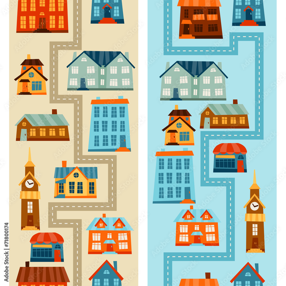 Town seamless patterns with cute colorful houses.