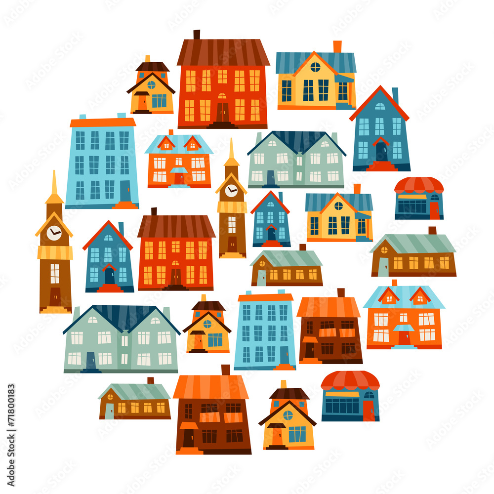 Obraz premium Town icon set of cute colorful houses.