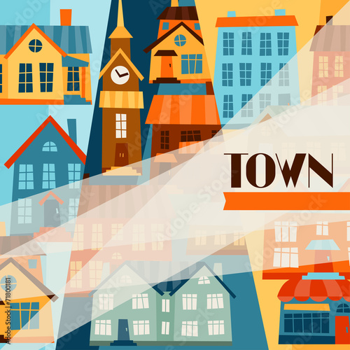 Town background design with cute colorful houses.