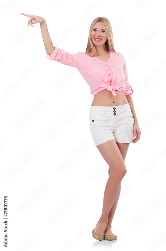Woman pressing virtual button isolated on white