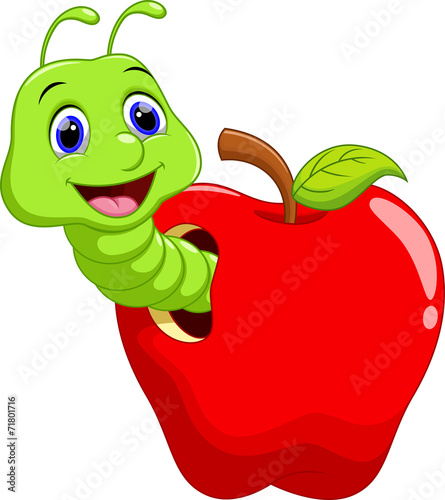 Funny cartoon worm in the apple
