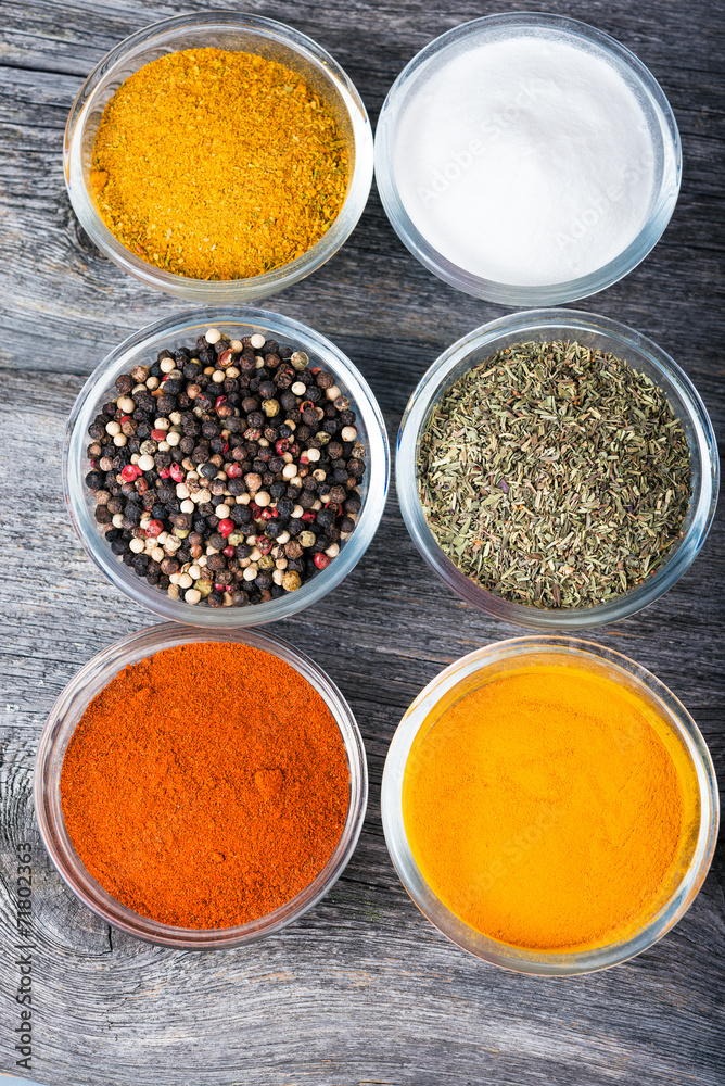 Overhead view of cooking ingredients, spices, herds Overhead view of cooking ingredients, spices, herds