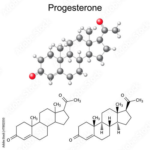 Structural chemical formulas and model of progesterone molecule