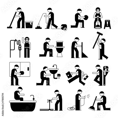 plumbing service and cleaner worker set